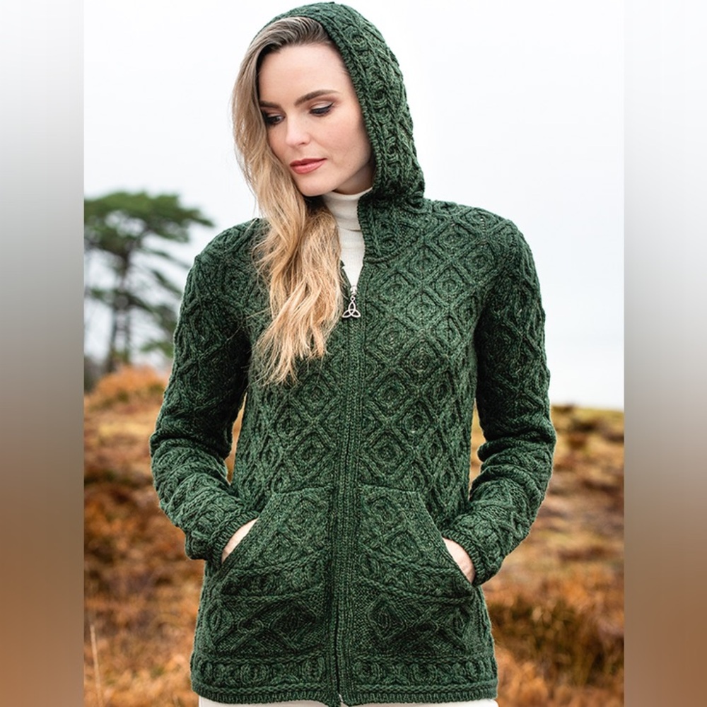 Aran Crafts Women's Soft Cable Knit Honeycomb Hood Cardigan (100% Merino Wool)